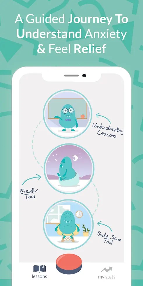 A cute portrait illustration of a white mobile phone on top of an abstract green background. The white words at the top of the graphic read: "A Guided Journey to Understand Anxiety & Feel Relief". On the white mobile phone are three vertically stacked circles showing their cute green blob cartoon character in different poses. The top circle shows the cartoon character smiling with a bowtie, standing in front of a blackboard at school, with the text "Understanding Lessons" to the right and a green arrow pointing to the circle. The middle circle shows the character sitting profile on a rock facing to the left with a night sky and white crescent moon in the background and the text "Breathr Tool" to the left of it with a green arrow pointing to the circle. The bottom circle shows the character smiling with its eyes closed in an apartment with a white window behind it showing a sunny cloudy sky, a clock on the wall and a little plant on the floor. The character is wearing a floatation donut around its waist, with text to the right of the circle that reads: "Body Scan Tool" and a green arrow pointing to the circle. On the bottom are three graphics, (left) "Lessons" with a book icon. (middle) Large red button. (right) "my stats" with a graph arrow pointing to the right.